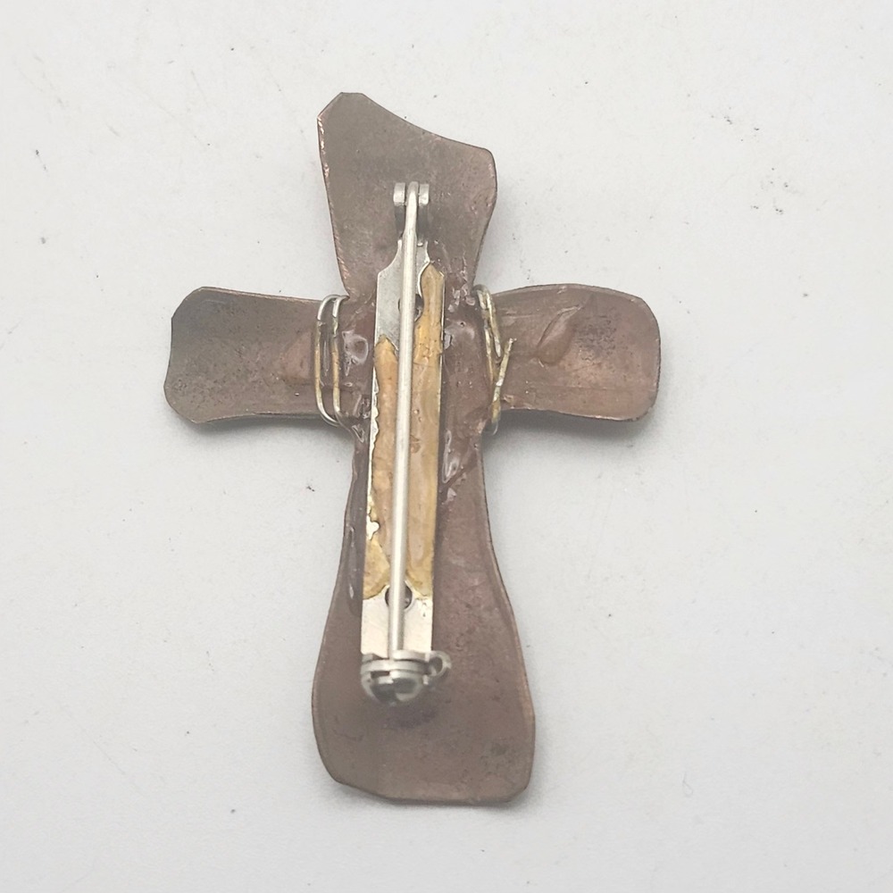 Artisan Copper Tone Metal Cross Brooch Pin Silver Wire Wrapped Religious Jewelry